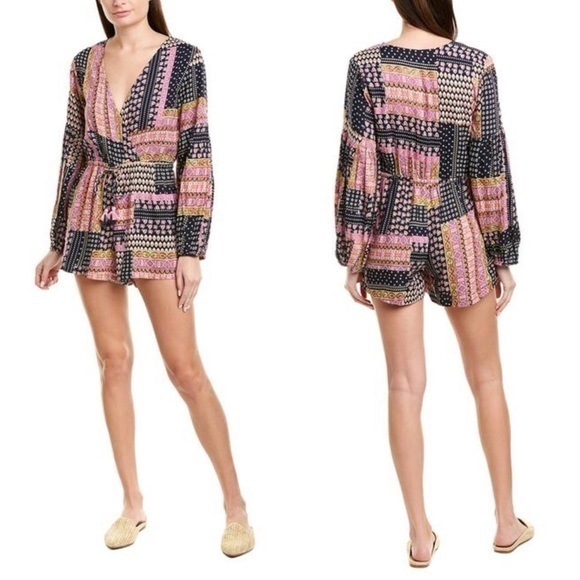 Raga Gigi Surplice Long Sleeve Pink Purple Bohemian Balloon Sleeve Romper Small